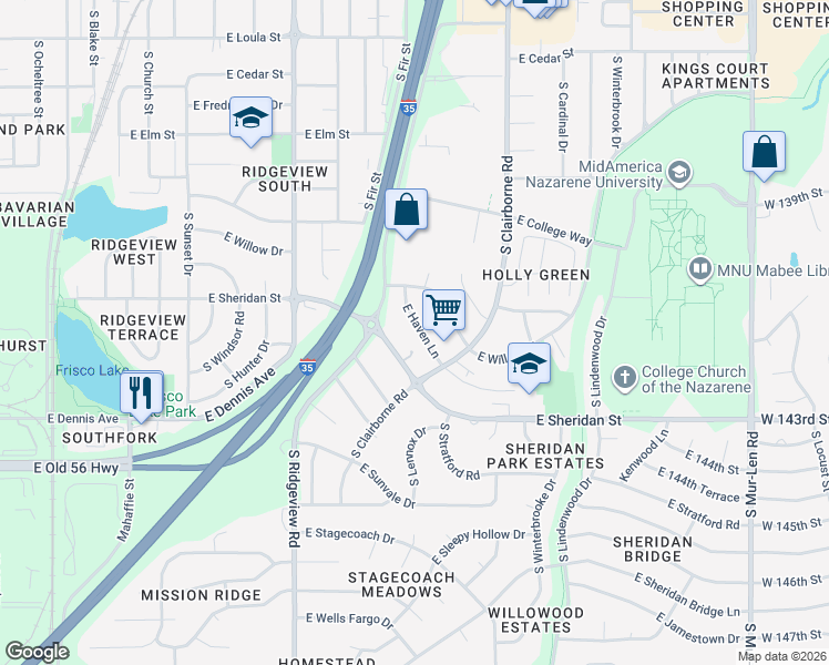 map of restaurants, bars, coffee shops, grocery stores, and more near 1428 East Sheridan Street in Olathe