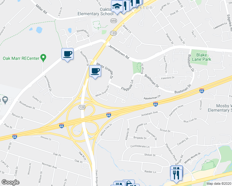 map of restaurants, bars, coffee shops, grocery stores, and more near 10369 Granite Creek Lane in Oakton