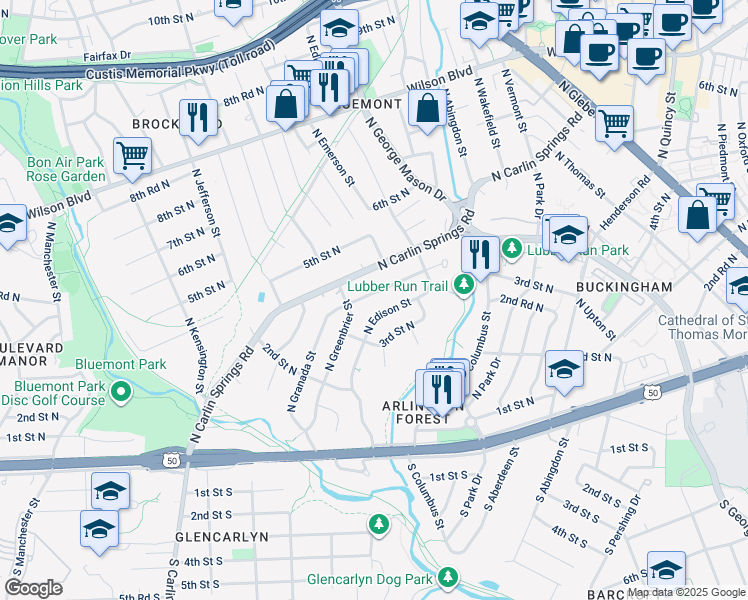 map of restaurants, bars, coffee shops, grocery stores, and more near 349 North Granada Street in Arlington