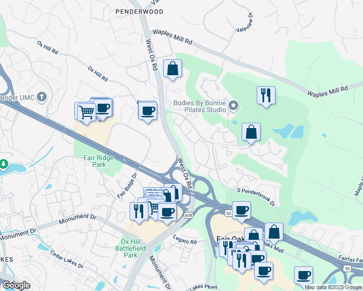 map of restaurants, bars, coffee shops, grocery stores, and more near 3935 West Ox Road in Fairfax