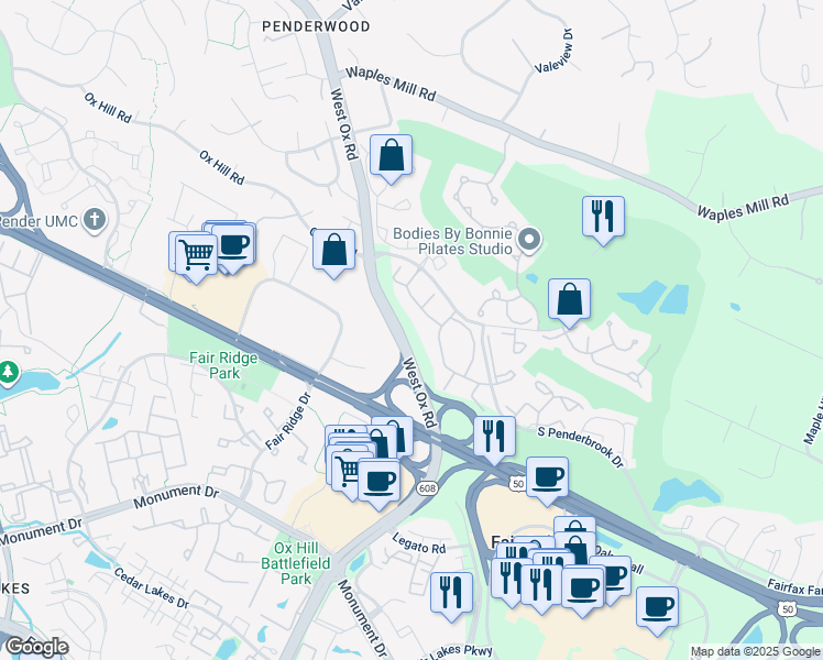 map of restaurants, bars, coffee shops, grocery stores, and more near 3935 West Ox Road in Fairfax