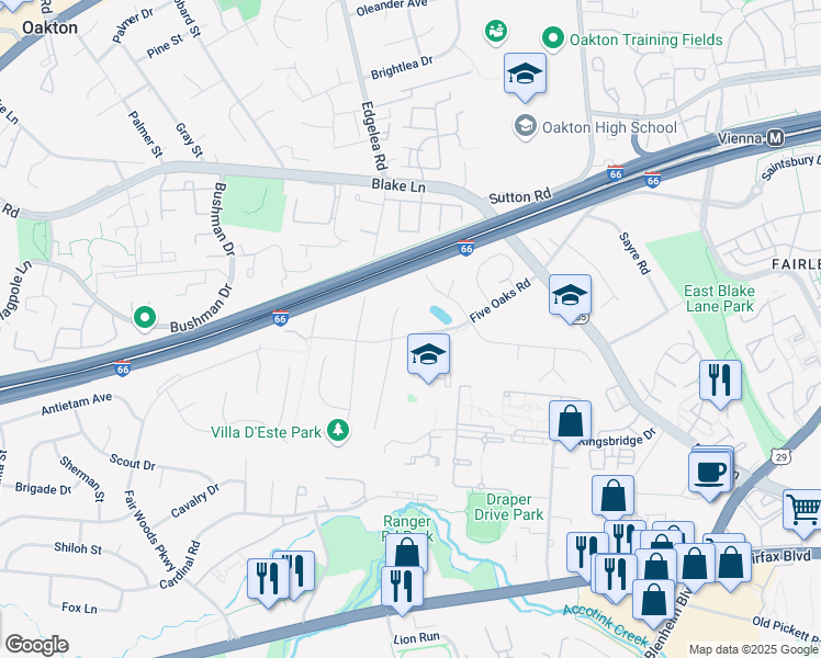 map of restaurants, bars, coffee shops, grocery stores, and more near 9826 Five Oaks Road in Fairfax
