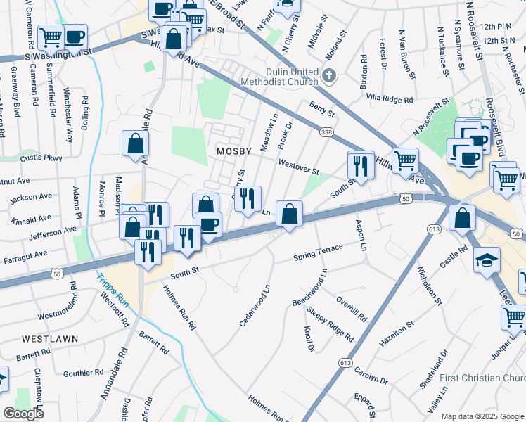 map of restaurants, bars, coffee shops, grocery stores, and more near Cedar Lane in Falls Church