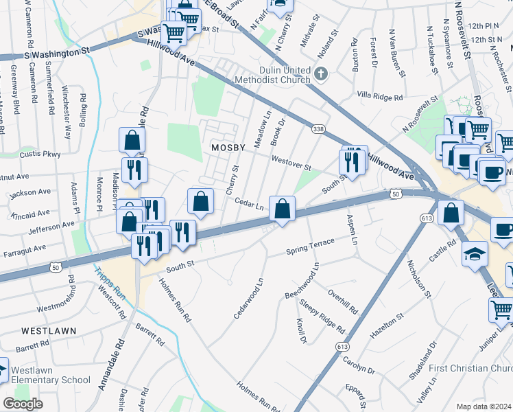 map of restaurants, bars, coffee shops, grocery stores, and more near Cedar Lane in Falls Church