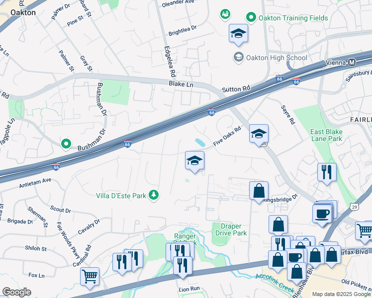 map of restaurants, bars, coffee shops, grocery stores, and more near 9826 Five Oaks Road in Fairfax