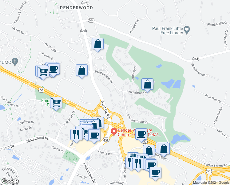 map of restaurants, bars, coffee shops, grocery stores, and more near 3903 Penderview Drive in Fairfax