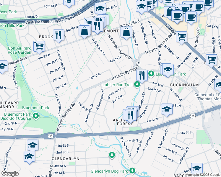 map of restaurants, bars, coffee shops, grocery stores, and more near 349 North Granada Street in Arlington