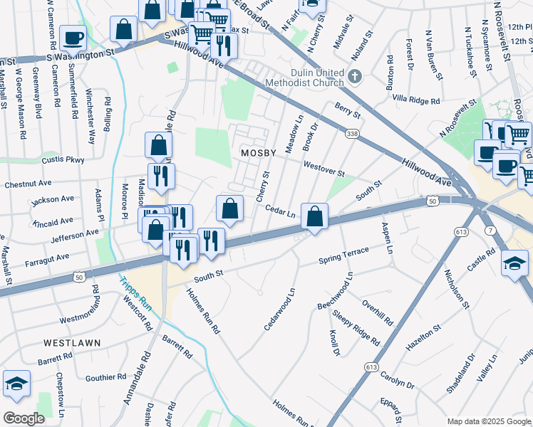 map of restaurants, bars, coffee shops, grocery stores, and more near 2924 Meadow Lane in Falls Church