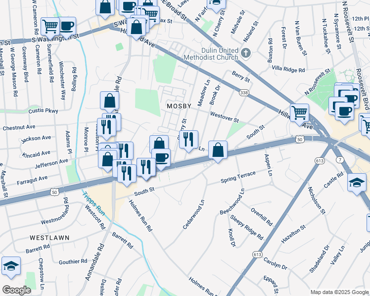 map of restaurants, bars, coffee shops, grocery stores, and more near 2924 Meadow Lane in Falls Church