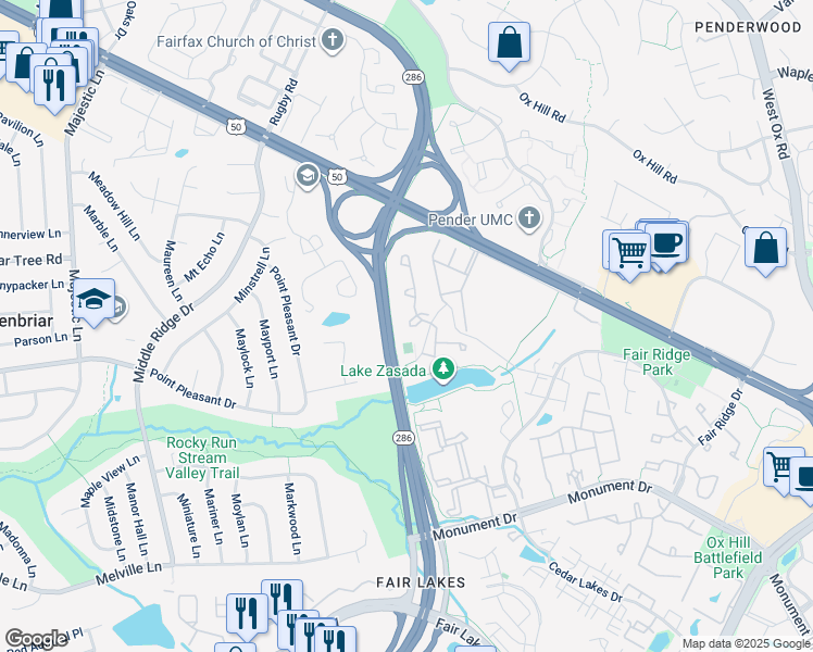 map of restaurants, bars, coffee shops, grocery stores, and more near 12614 Victoria Station Court in Fairfax
