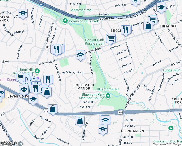 map of restaurants, bars, coffee shops, grocery stores, and more near 5901 5th Road North in Arlington