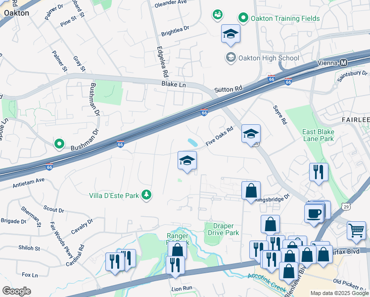 map of restaurants, bars, coffee shops, grocery stores, and more near 9822 Five Oaks Road in Fairfax