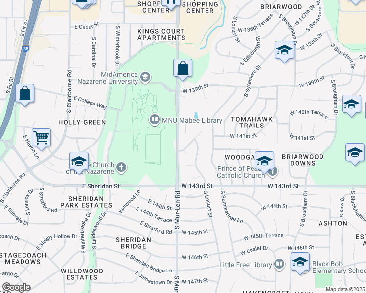 map of restaurants, bars, coffee shops, grocery stores, and more near 14201 South Mur-Len Road in Olathe