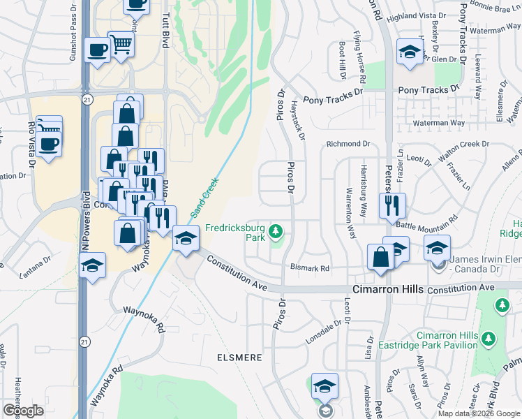 map of restaurants, bars, coffee shops, grocery stores, and more near 2610 Haystack Drive in Colorado Springs