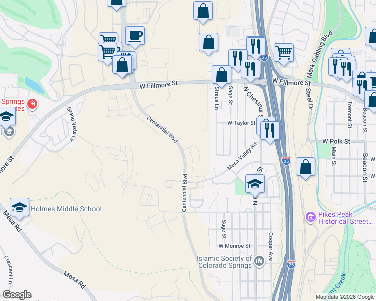 map of restaurants, bars, coffee shops, grocery stores, and more near 3141 Centennial Boulevard in Colorado Springs