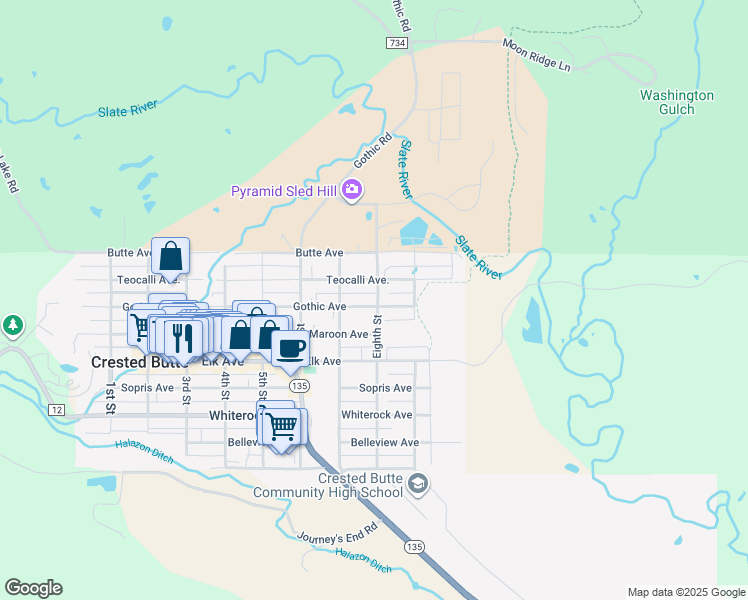 map of restaurants, bars, coffee shops, grocery stores, and more near 714 Teocalli Avenue in Crested Butte
