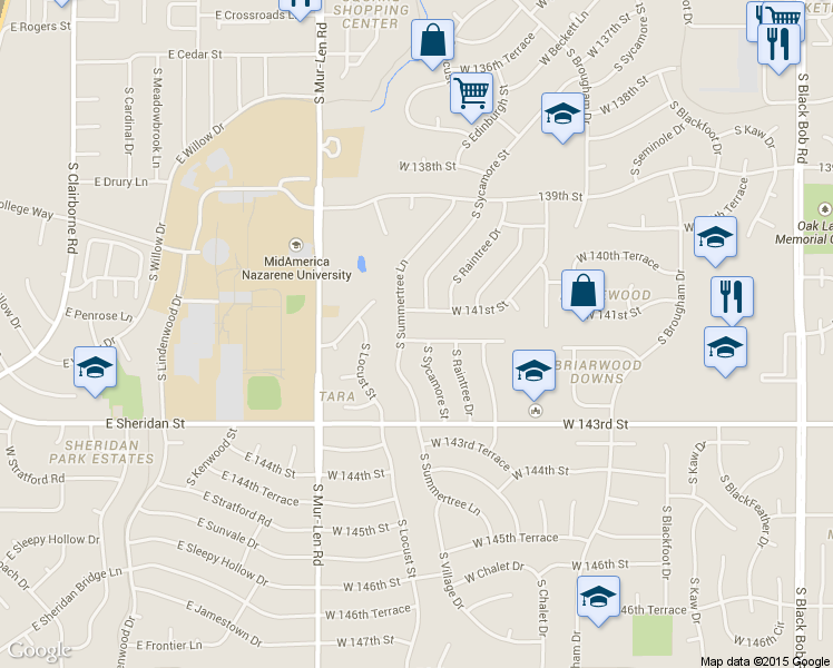 map of restaurants, bars, coffee shops, grocery stores, and more near 14025 South Summertree Lane in Olathe