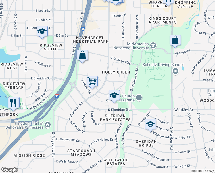 map of restaurants, bars, coffee shops, grocery stores, and more near 1438 East Penrose Lane in Olathe