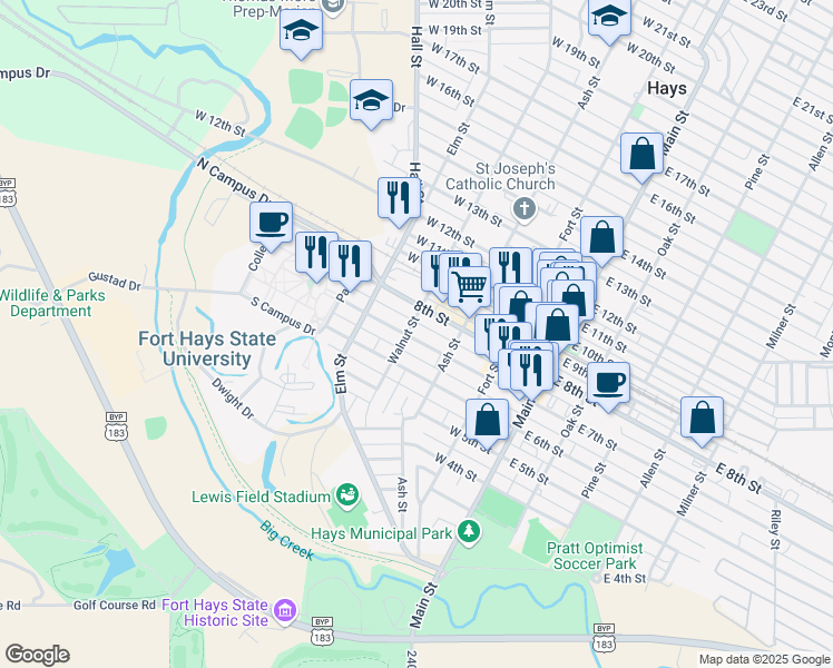 map of restaurants, bars, coffee shops, grocery stores, and more near 332-398 West 8th Street in Hays