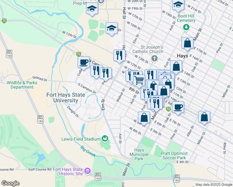 map of restaurants, bars, coffee shops, grocery stores, and more near 409 West 7th Street in Hays