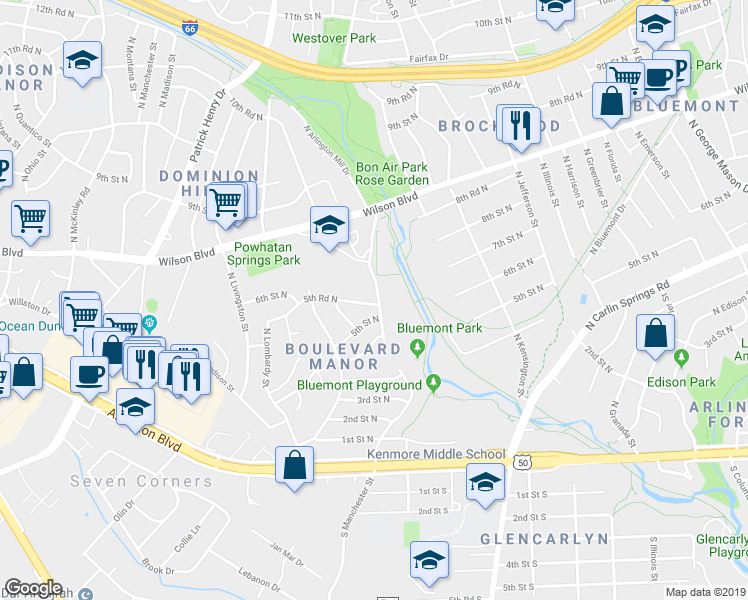 map of restaurants, bars, coffee shops, grocery stores, and more near 5901 5th Road North in Arlington
