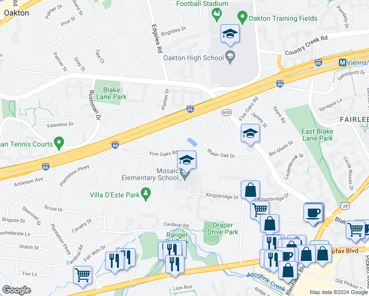 map of restaurants, bars, coffee shops, grocery stores, and more near 9822 Five Oaks Road in Fairfax