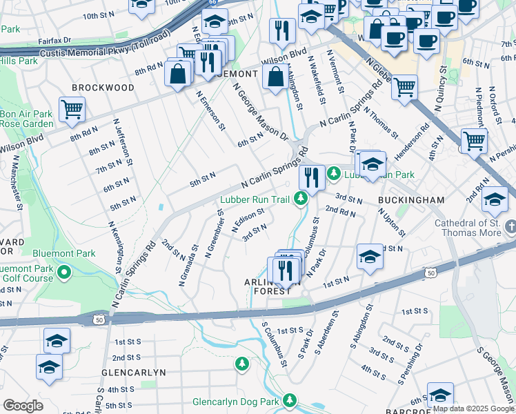 map of restaurants, bars, coffee shops, grocery stores, and more near 348 North Edison Street in Arlington