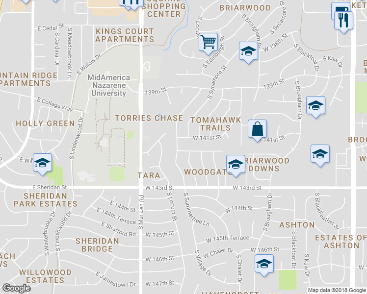 map of restaurants, bars, coffee shops, grocery stores, and more near 16304 West 141st Terrace in Olathe