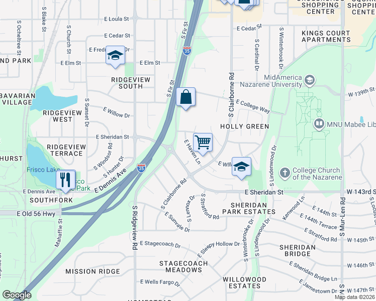 map of restaurants, bars, coffee shops, grocery stores, and more near 1414 East Haven Lane in Olathe