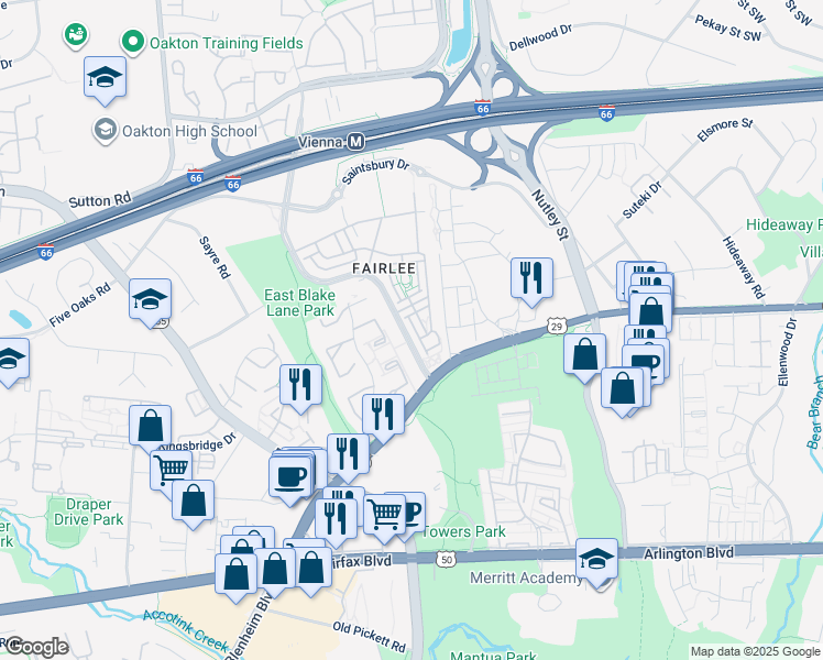 map of restaurants, bars, coffee shops, grocery stores, and more near 3064 Waterloo Lane in Fairfax