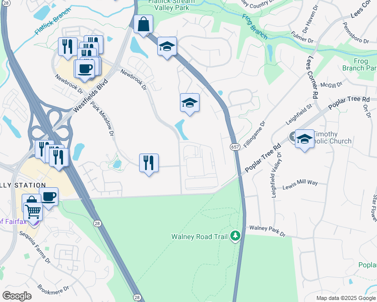 map of restaurants, bars, coffee shops, grocery stores, and more near 14150 Parkeast Circle in Chantilly