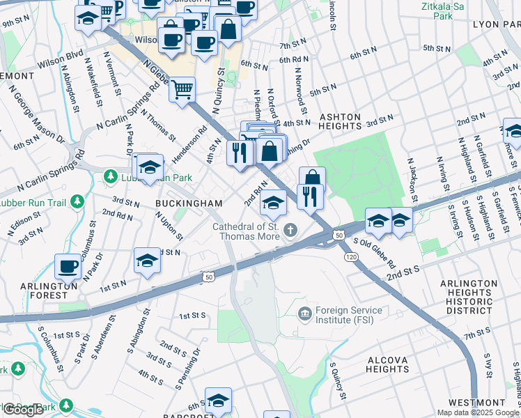 map of restaurants, bars, coffee shops, grocery stores, and more near in Arlington