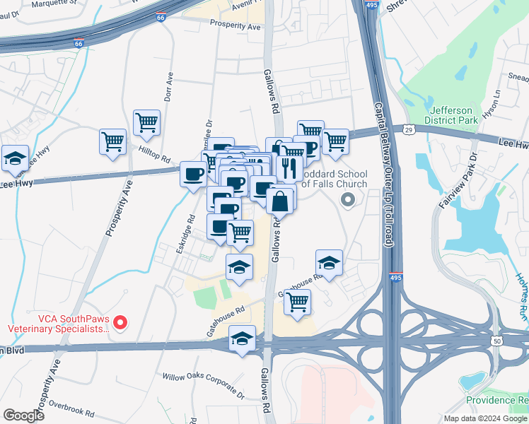 map of restaurants, bars, coffee shops, grocery stores, and more near 8191 Strawberry Lane in Falls Church