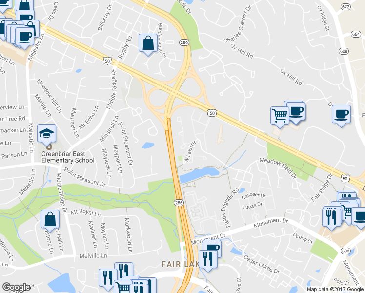 map of restaurants, bars, coffee shops, grocery stores, and more near 12622 Victoria Station Court in Fairfax