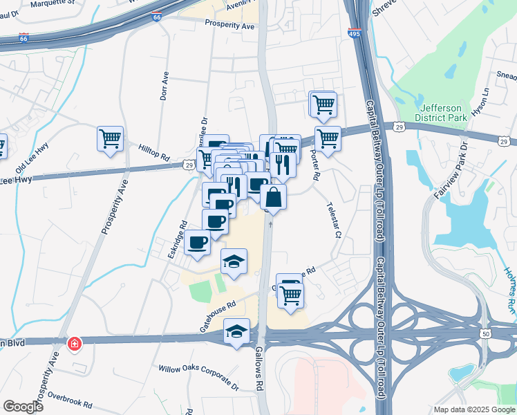 map of restaurants, bars, coffee shops, grocery stores, and more near 8191 Strawberry Lane in Falls Church