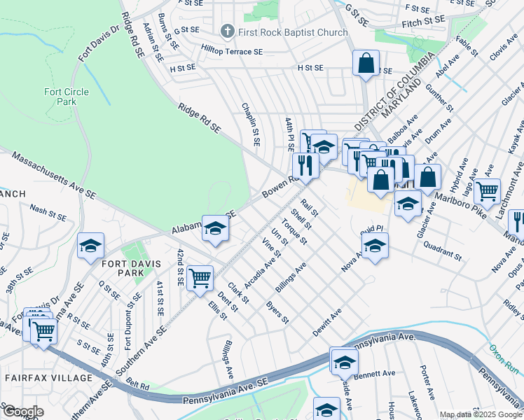 map of restaurants, bars, coffee shops, grocery stores, and more near 4112 Stanley Street Southeast in Washington