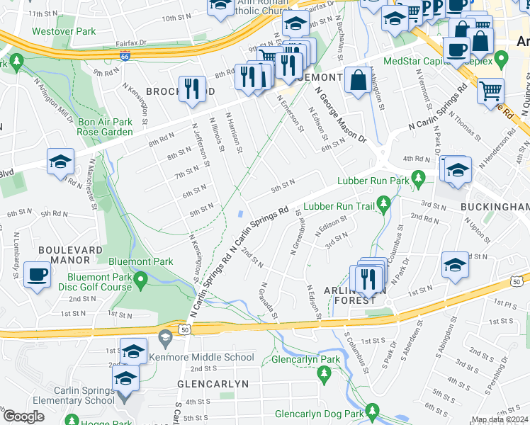 map of restaurants, bars, coffee shops, grocery stores, and more near 5319 North Carlin Springs Road in Arlington