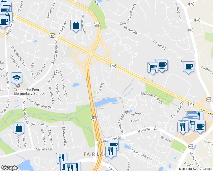 map of restaurants, bars, coffee shops, grocery stores, and more near Tall Timbers Drive in Fairfax