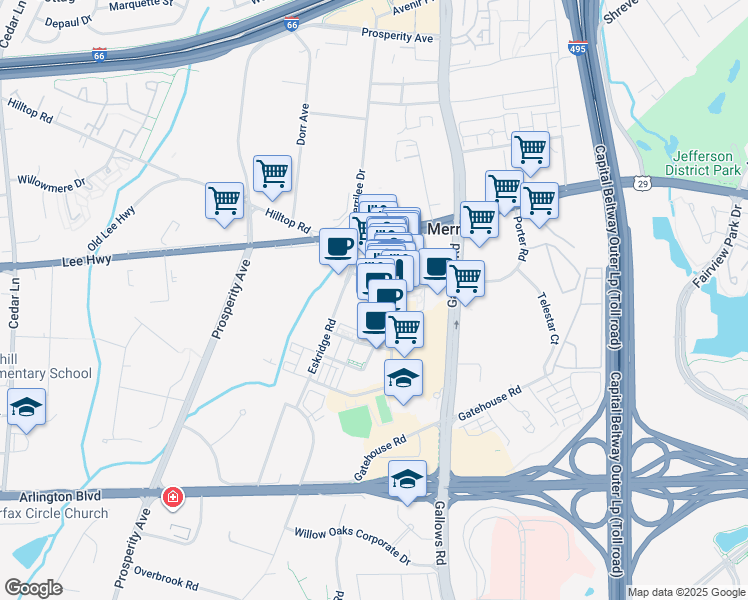 map of restaurants, bars, coffee shops, grocery stores, and more near 3001 Merrifield Cinema Drive in Fairfax