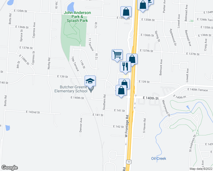 map of restaurants, bars, coffee shops, grocery stores, and more near 5500 East 139 Terrace in Grandview