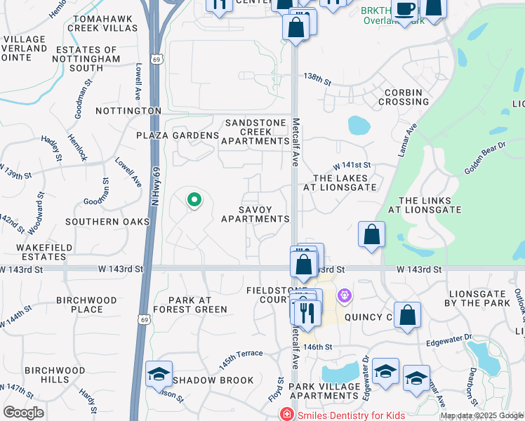 map of restaurants, bars, coffee shops, grocery stores, and more near 14101 Riley Street in Overland Park