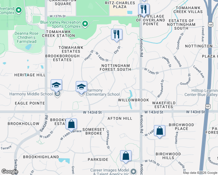 map of restaurants, bars, coffee shops, grocery stores, and more near 14112 Eby Street in Overland Park