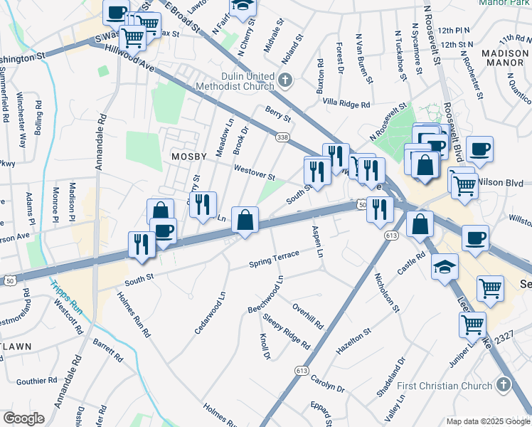 map of restaurants, bars, coffee shops, grocery stores, and more near 6444 South Street in Falls Church