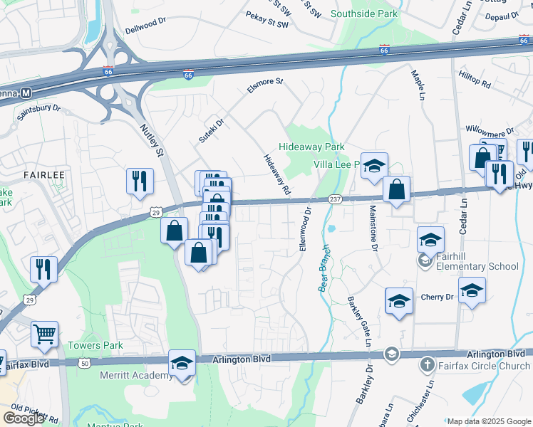 map of restaurants, bars, coffee shops, grocery stores, and more near 2982 Braxton Wood Court in Fairfax
