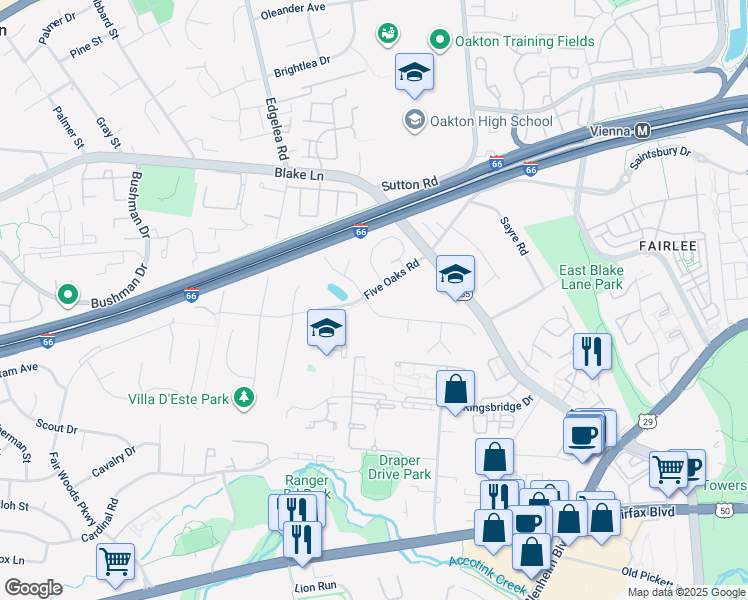 map of restaurants, bars, coffee shops, grocery stores, and more near 9744 Water Oak Drive in Fairfax