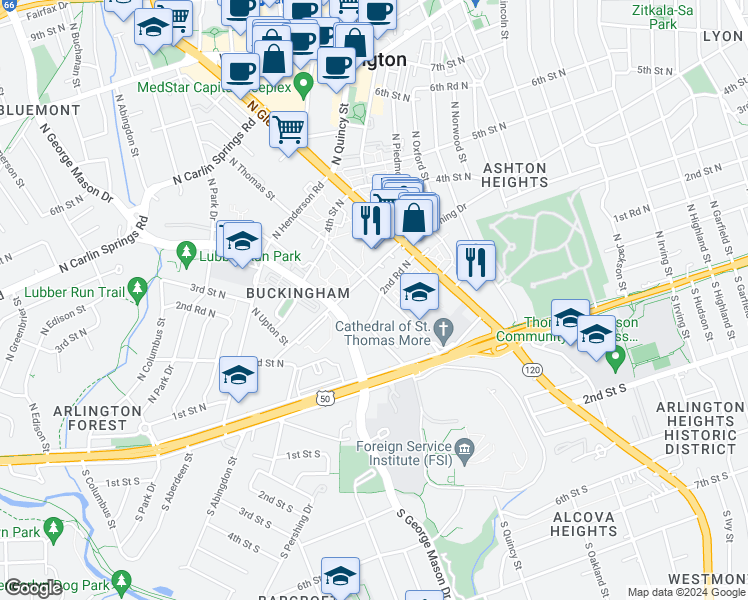 map of restaurants, bars, coffee shops, grocery stores, and more near 4305 2nd Road North in Arlington