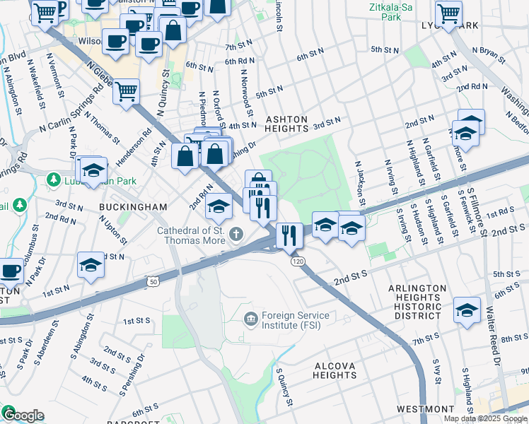 map of restaurants, bars, coffee shops, grocery stores, and more near 71 North Glebe Road in Arlington