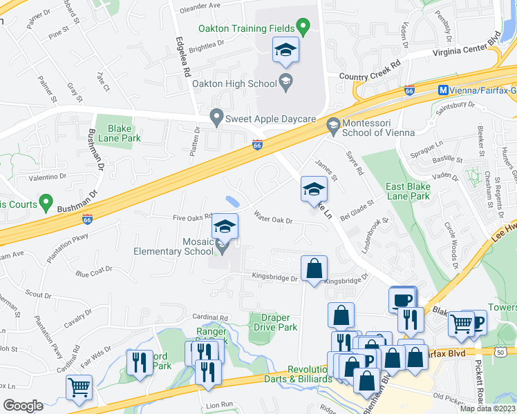 map of restaurants, bars, coffee shops, grocery stores, and more near 9744 Water Oak Drive in Fairfax