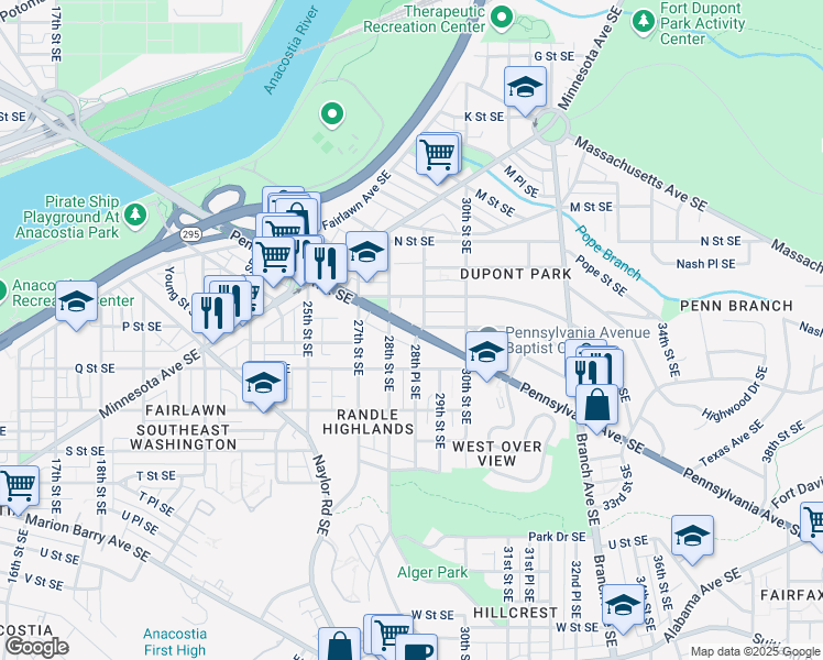 map of restaurants, bars, coffee shops, grocery stores, and more near 2813 Pennsylvania Avenue Southeast in Washington