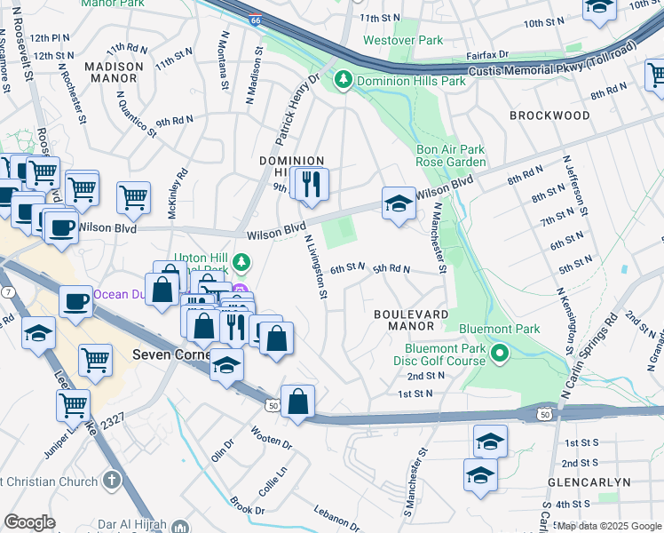 map of restaurants, bars, coffee shops, grocery stores, and more near 6051 6th Street North in Arlington